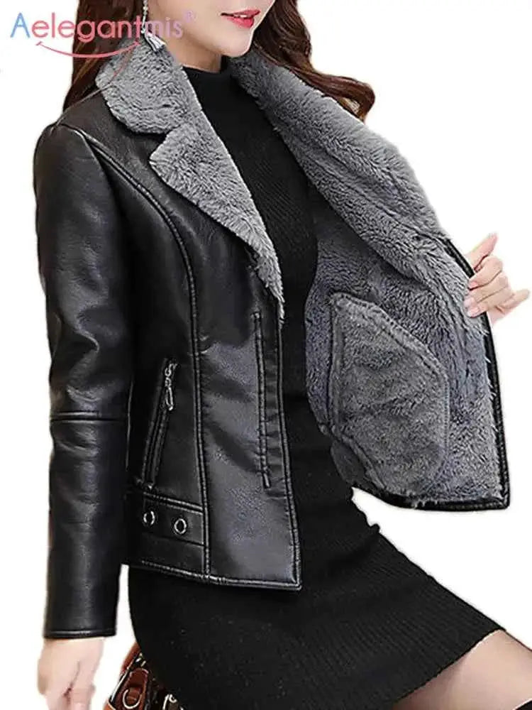 Aelegantmis Autumn Winter Warm Faux Fur Coat For Women Leather Jacket Slim Moto Biker Outerwear Plush Casual