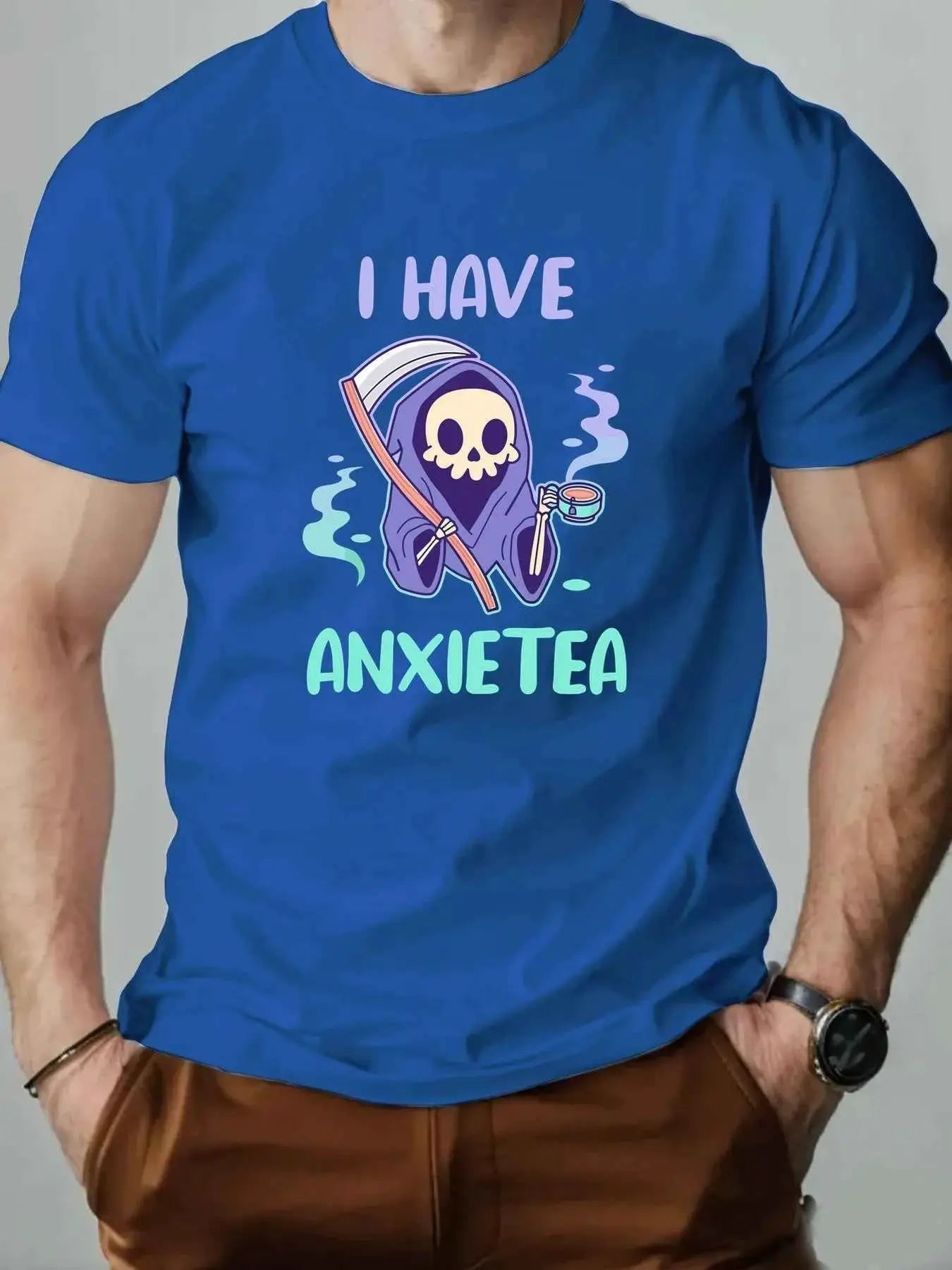 Men 100% Cotton Oversized T Shirt O Neck ANXIETEA Graphic Print Streetwear Casual Loose Fit Summer Tee Top For Daily Wear
