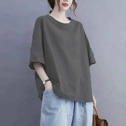 Oversized Womens Casual Korean Solid Color O Neck Short Sleeve T Shirt Summer Loose Pullover Top Tee