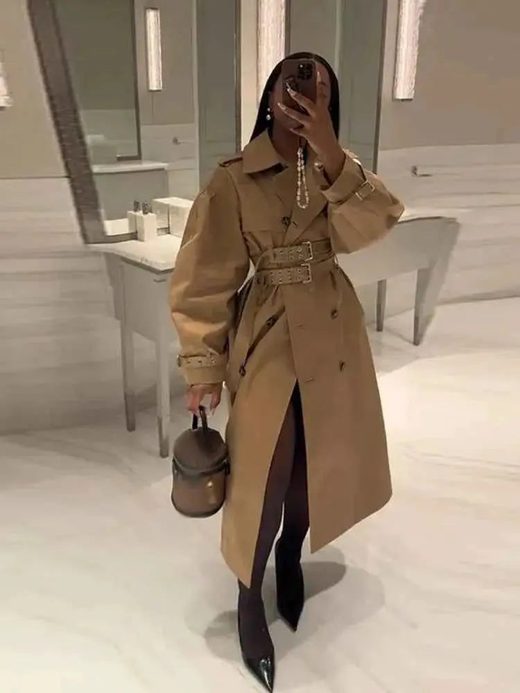 Khaki Women Windbreaker Jacket Double Belt Long Sleeve Lapel Button Casual Streetwear 2025 Autumn Winter