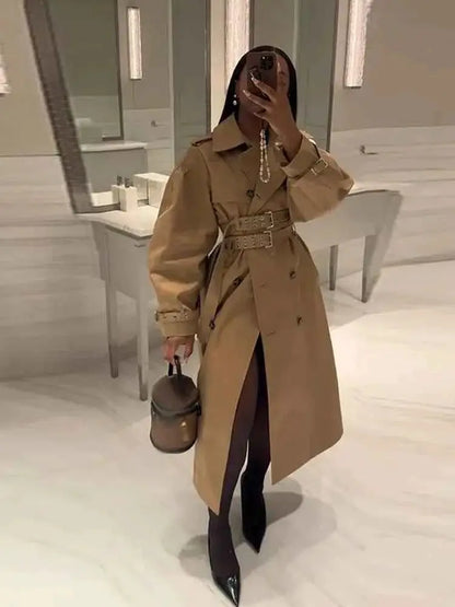 Khaki Women Windbreaker Jacket Double Belt Long Sleeve Lapel Button Casual Streetwear 2025 Autumn Winter
