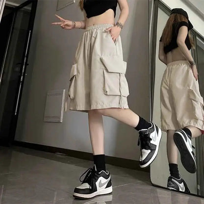 Y2K Cargo Shorts Women Harajuku Black Oversized Wide Leg High Waist Baggy Summer Streetwear New