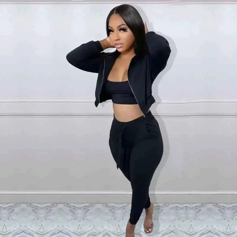 Women Sportswear 3 Piece Hooded Track Jacket Tank Top Jogger Pants Tracksuit Activewear Set