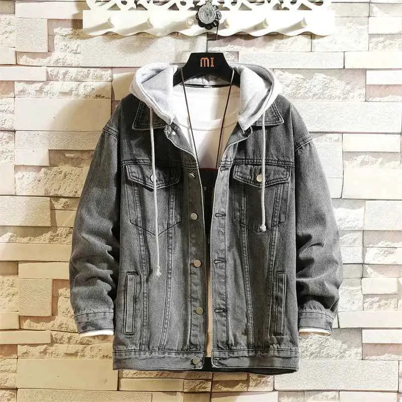 2026 New Mens Denim Jacket Hooded Loose Fit Cotton Outerwear Coat Solid Denim For Casual Streetwear Plus Size 5XL