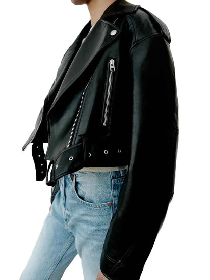Fitaylor Women Faux PU Leather Jacket With Lapel Zipper Short Motorcycle Style Coat For Casual High Street Fashion
