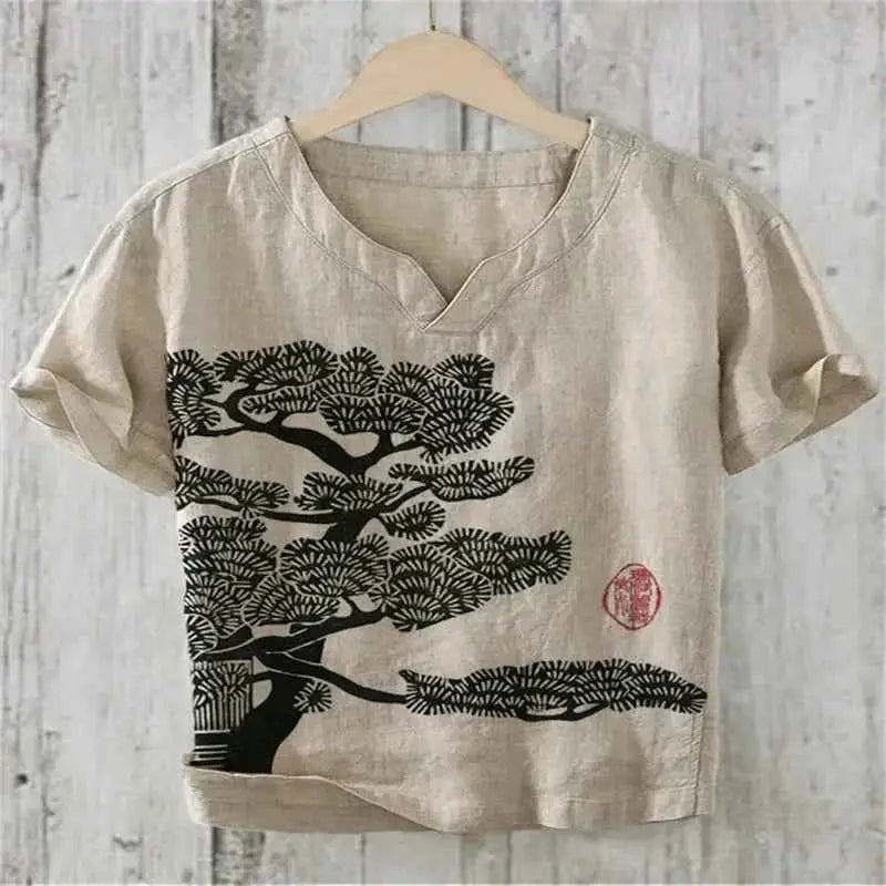 Summer Linen Blend Men's V Neck Short Sleeve T Shirt With The Great Wave Off Kanagawa Print
