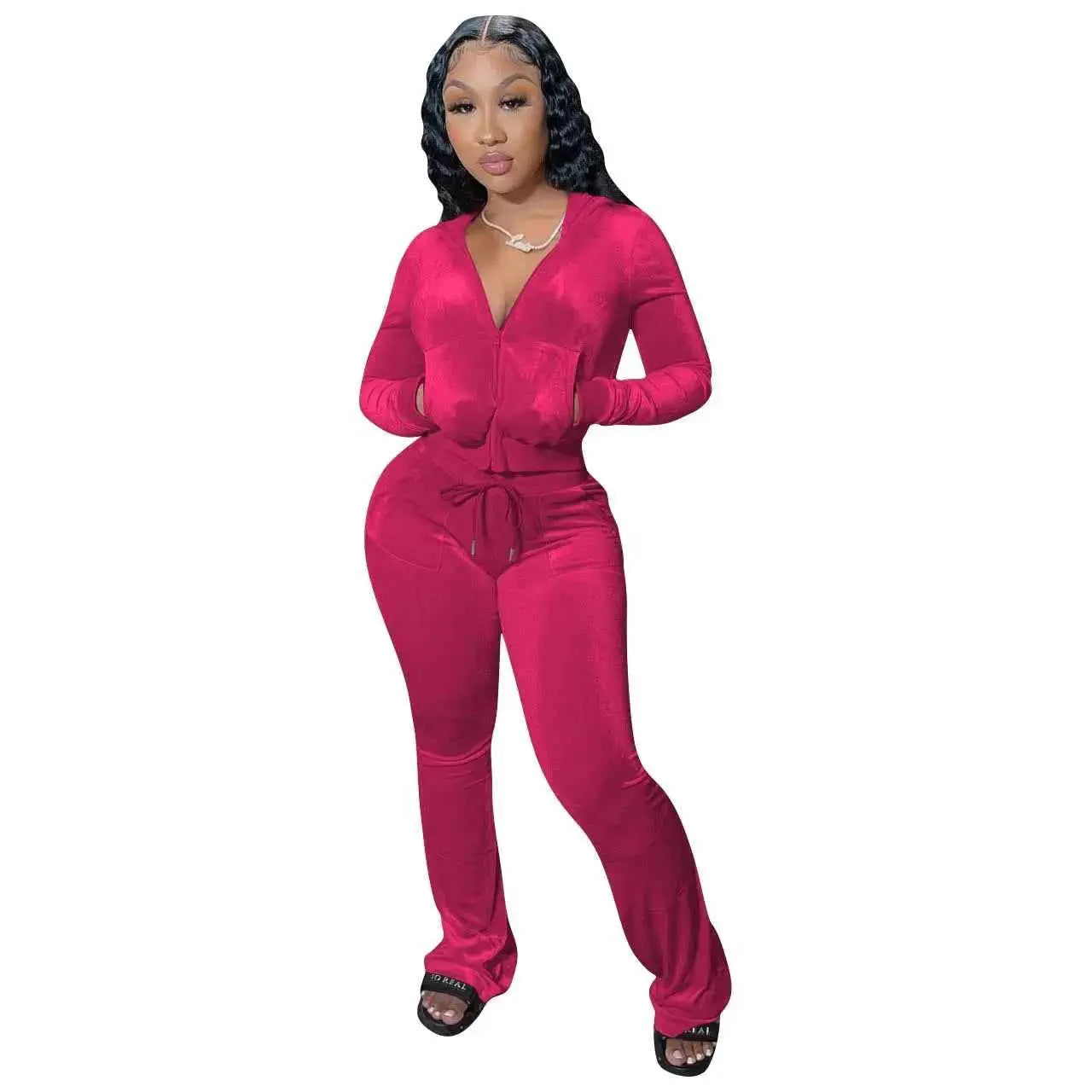 Women Autumn Velour Tracksuit Set Two Piece Zip Up Hooded Jacket Bodycon Flared Pants Jogger Outfit