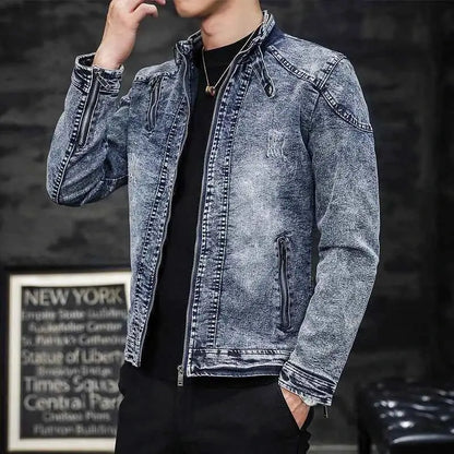 Fashion Spring Casual Velvet Denim Jacket For Men Stand Collar Slim Fit Streetwear Outerwear