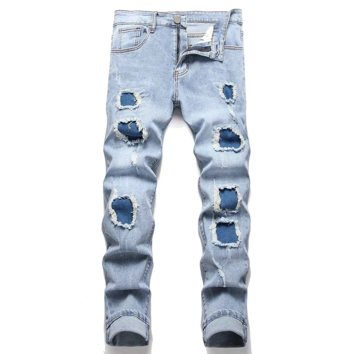 Denim Pants American High Street Fashion Slim Fit Ripped Jeans For Men With Elastic Stretch Full Length