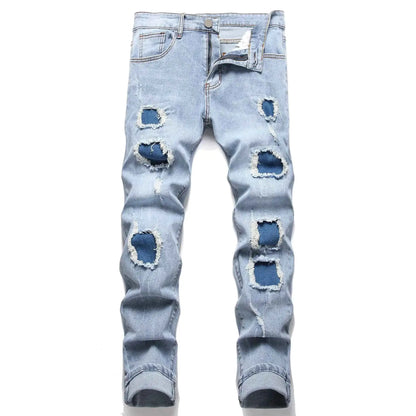 Denim Pants American High Street Fashion Slim Fit Ripped Jeans For Men With Elastic Stretch Full Length