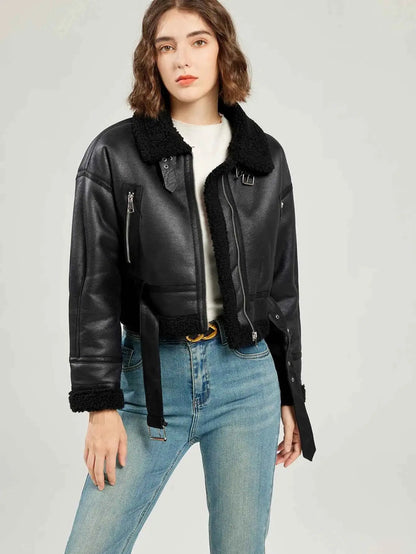 Fitaylor Winter Faux Lambswool Leather Jacket For Women High Street Motorcycle Outerwear Casual Short Coat