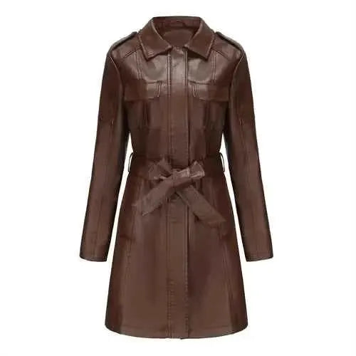 Black Women PU Leather Long Jacket Windbreaker For Spring And Autumn Lapel Single Breasted Long Sleeve