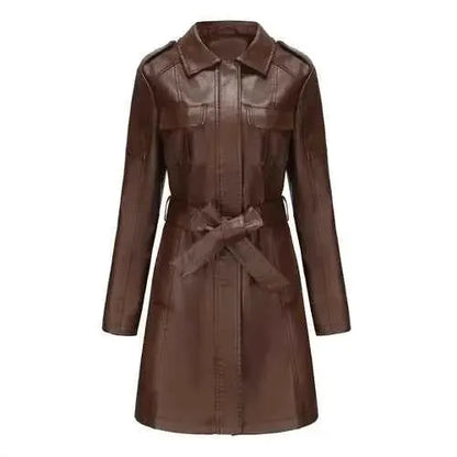 Black Women PU Leather Long Jacket Windbreaker For Spring And Autumn Lapel Single Breasted Long Sleeve