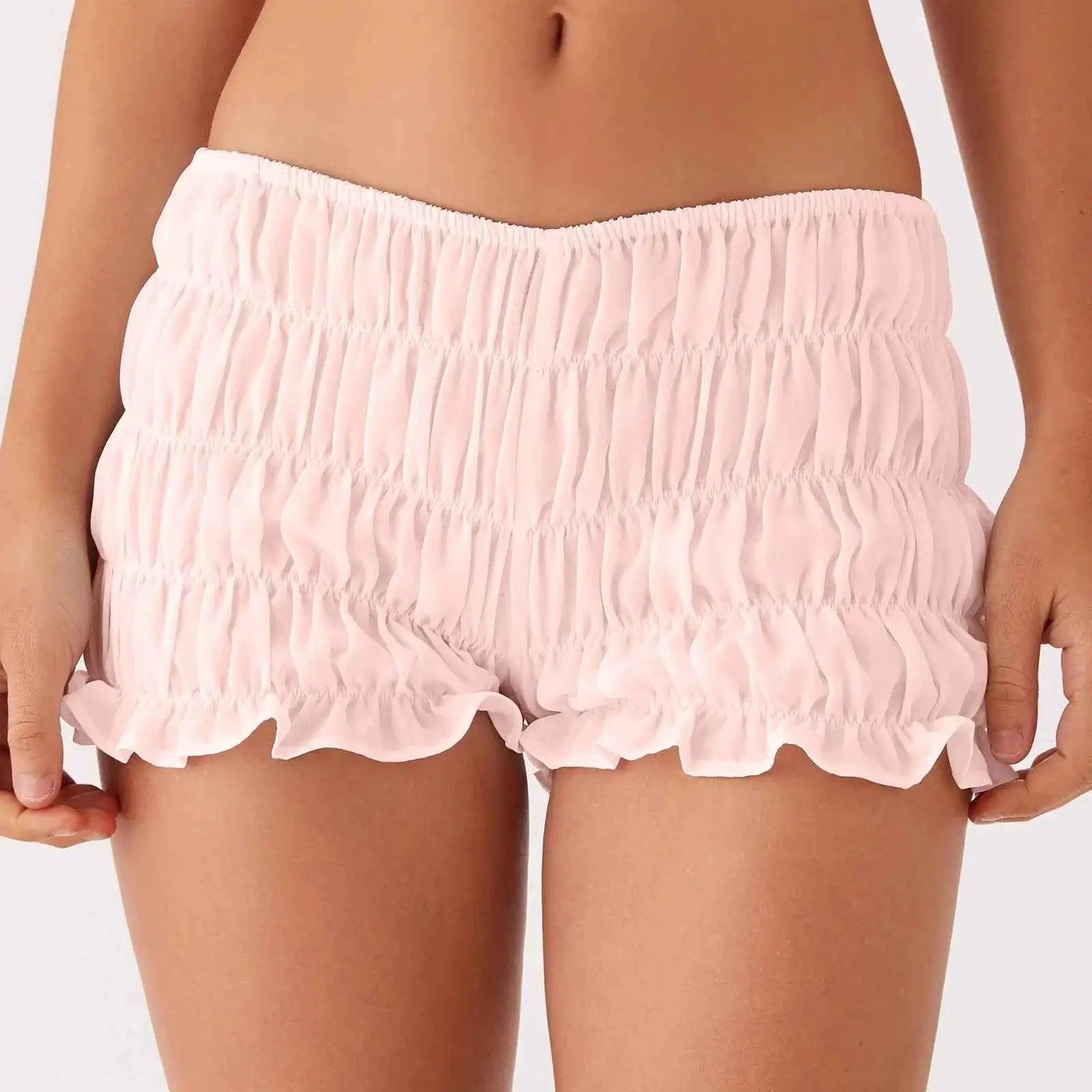 Women Kawaii Cute Ruffles Y2K Shorts Smocked Ruched Booty Bloomers Frilly Micro Lolita Bottoms Pettipants Sleepwear