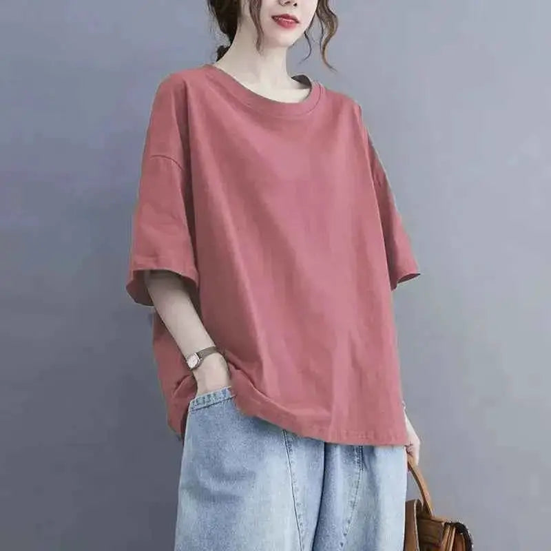 Oversized Womens Casual Korean Solid Color O Neck Short Sleeve T Shirt Summer Loose Pullover Top Tee