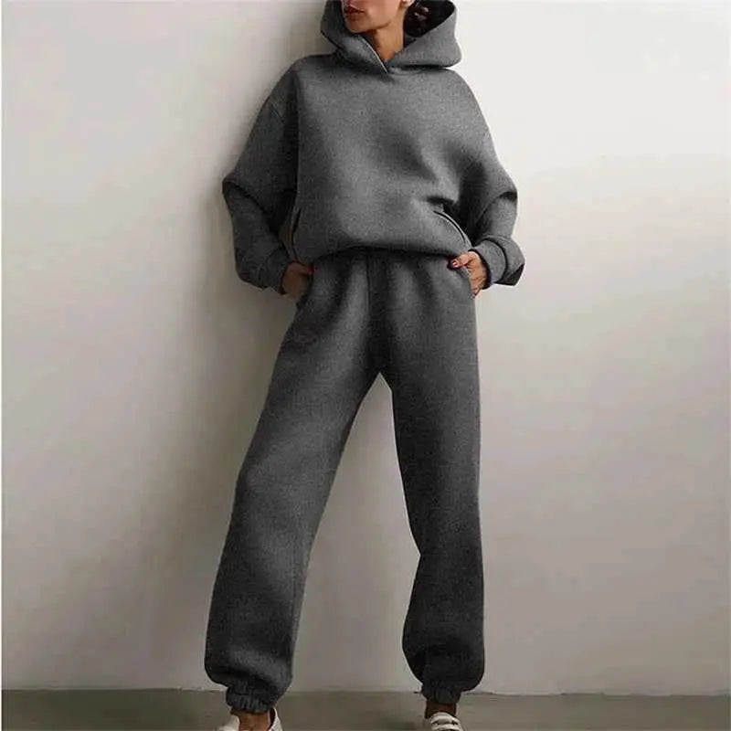Women's Oversized Tracksuit Set Hoodie Sweatshirt Two Piece Solid Color Warm Autumn Casual Long Pants