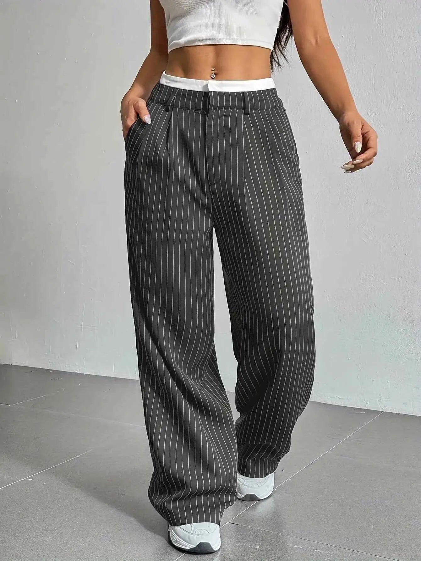 Women Striped Printed Full Length Pants High Waist Loose Wide Leg Trousers Casual Y2K Fashion
