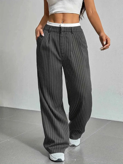 Women Striped Printed Full Length Pants High Waist Loose Wide Leg Trousers Casual Y2K Fashion