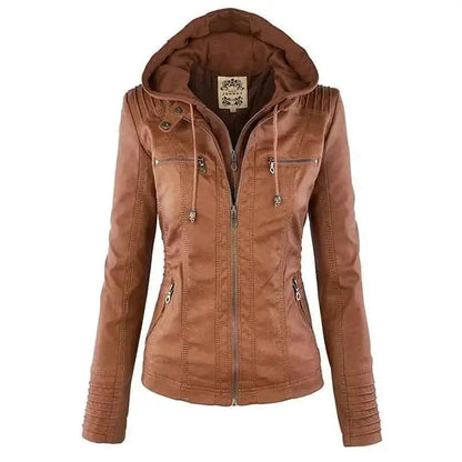 Faux Leather Jacket Women 2025 PU Leather Zipper Hooded Outerwear Winter Motorcycle Coat