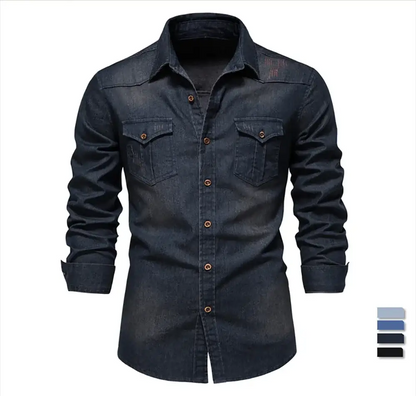 Mens Elastic Cotton Denim Shirt With Stretch Long Sleeve Slim Fit Casual Cowboy Shirt