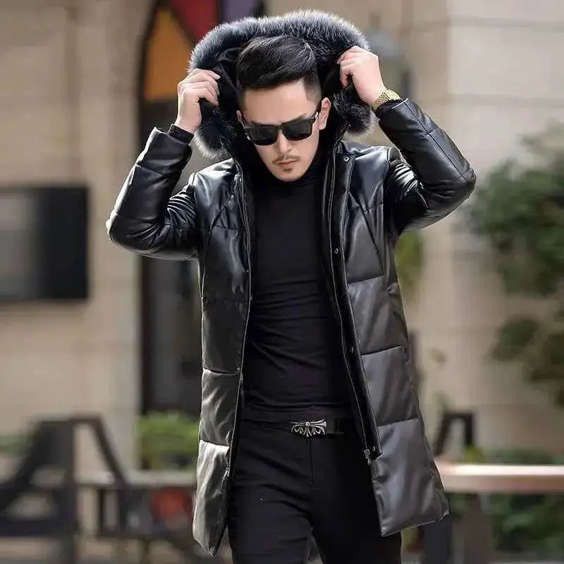 Mens Genuine Leather Down Jacket Hooded Sheepskin Coat Mid Length Slim Fit Winter Puffer Windbreaker