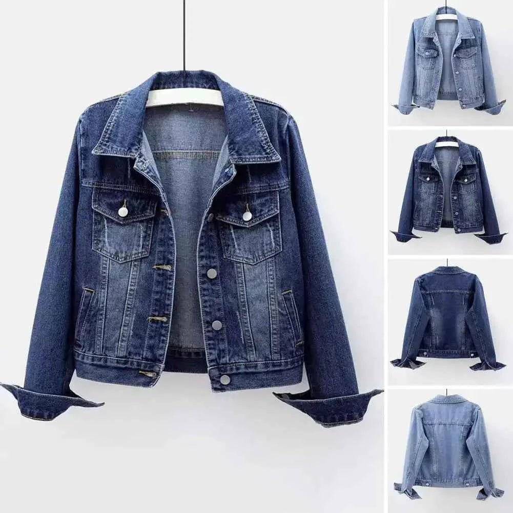 Women Denim Jacket Single Breasted Chest Flap Pocket Long Sleeve Slim Fit Retro Outerwear