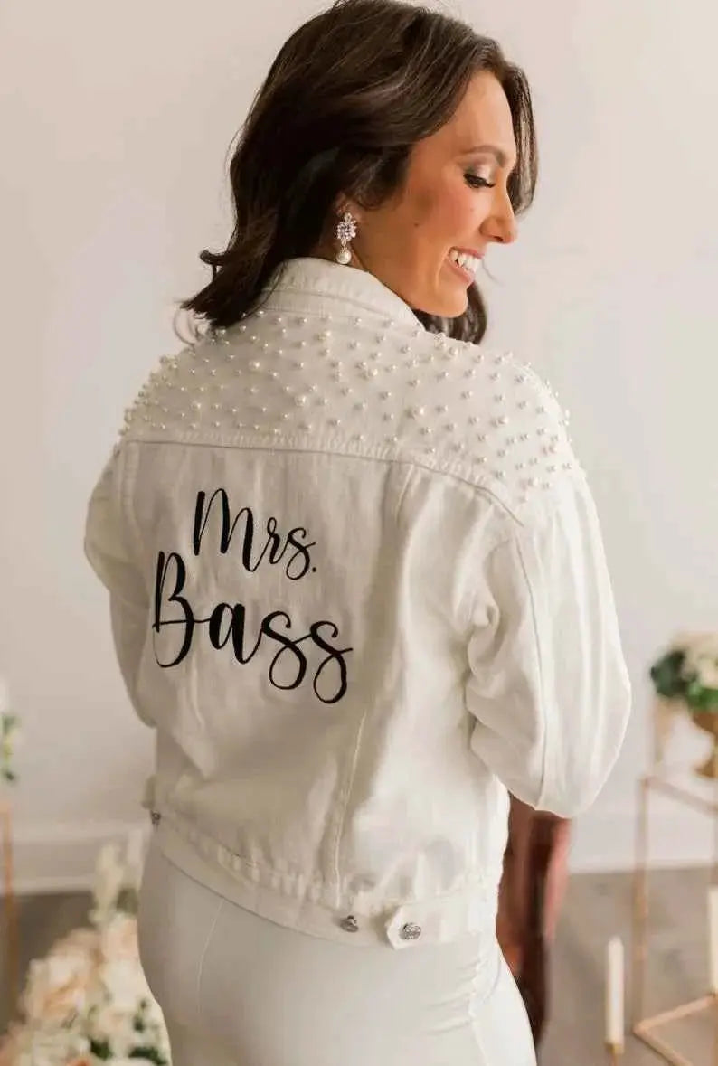 Bride To Be Personalized White Pearl Denim Jacket Bachelorette Gift With Custom Name For Bridesmaids