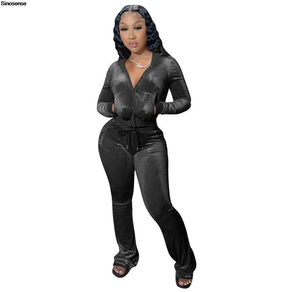 Women Autumn Velour Tracksuit Set Two Piece Zip Up Hooded Jacket Bodycon Flared Pants Jogger Outfit