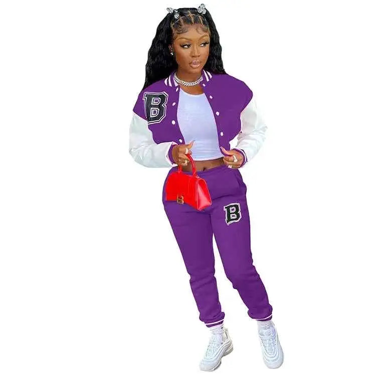 CM YAYA Letter B Baseball Womens Tracksuit Two Piece Jacket And Sweatpants Set Outfit