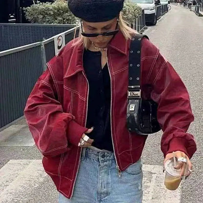 Women PU Leather Jacket Zipper Streetwear Vintage Contrast Stitch Lapel Loose Coat Fall Winter 2024 Trendy