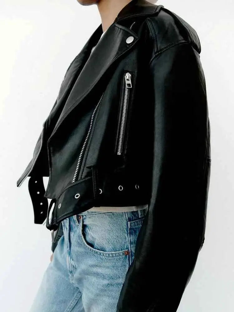 Women Faux PU Leather Short Jacket Belted Motorcycle Style Zipper Lapel Spring Autumn Outwear