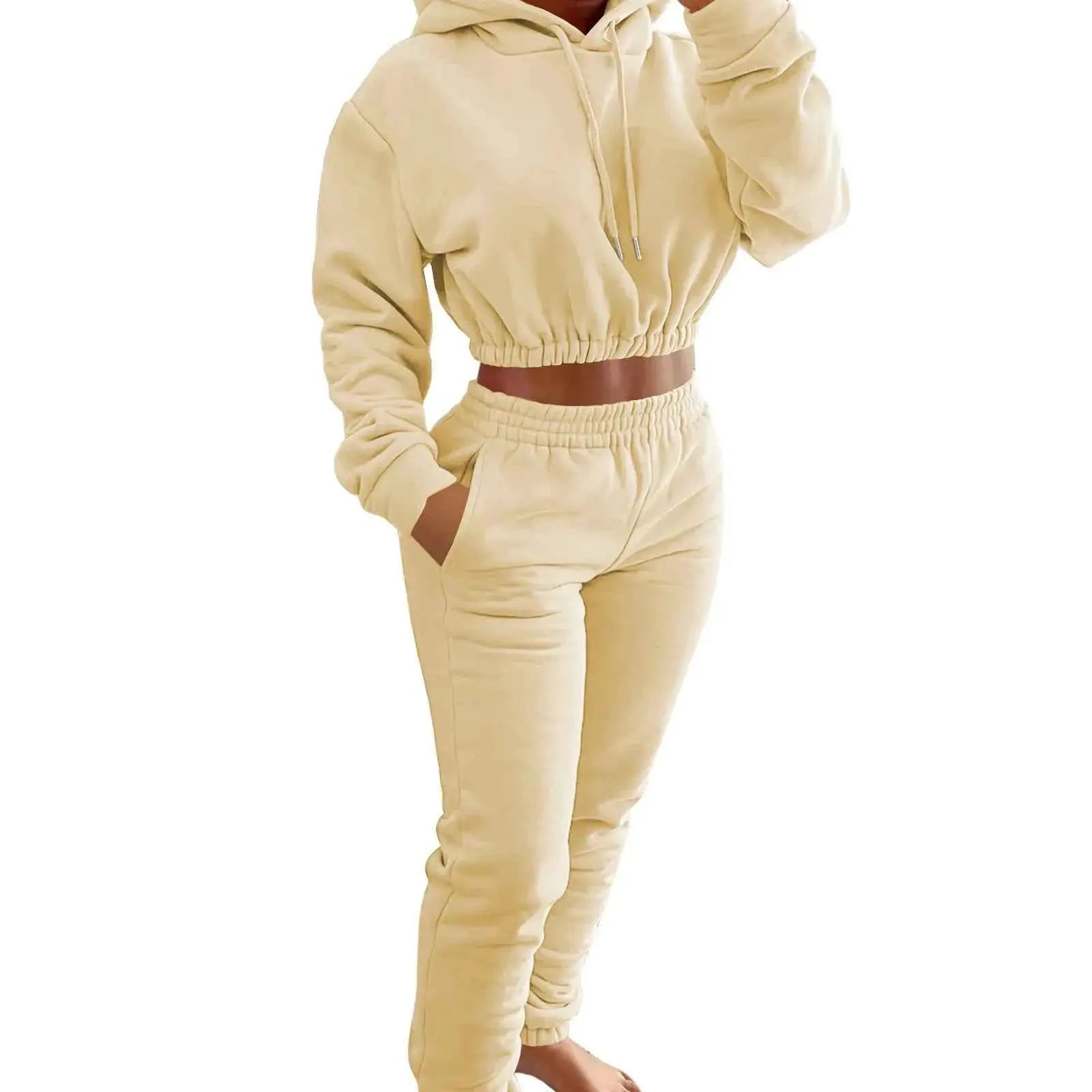Women Autumn Winter Fleece Crop Top Hoodie Sweatshirt And Sweatpants Tracksuit 2 Piece Jogger Set Sweatsuit
