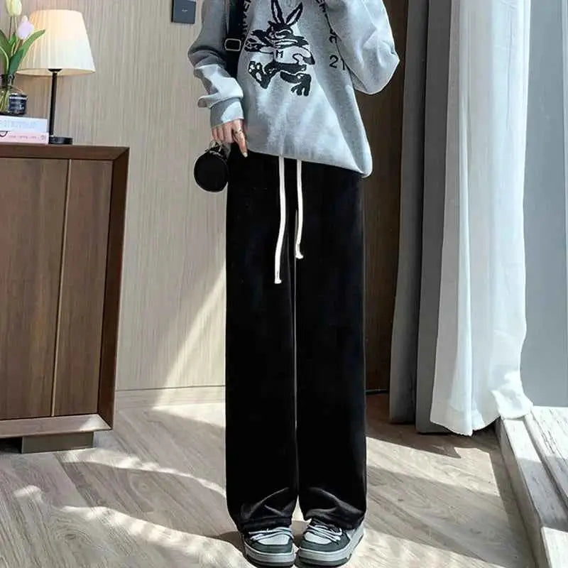 2024 Casual Women High Waist Wide Leg Thickened Long Pants for Autumn and Winter Trousers