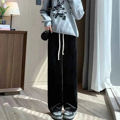 2024 Casual Women High Waist Wide Leg Thickened Long Pants for Autumn and Winter Trousers