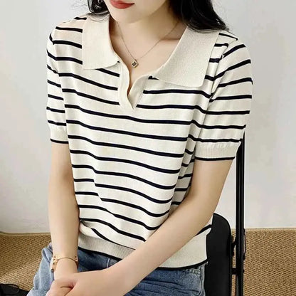 Women Summer Polo T Shirt Short Sleeve Cotton Striped Casual Fashion Top Tee Available In M L XL