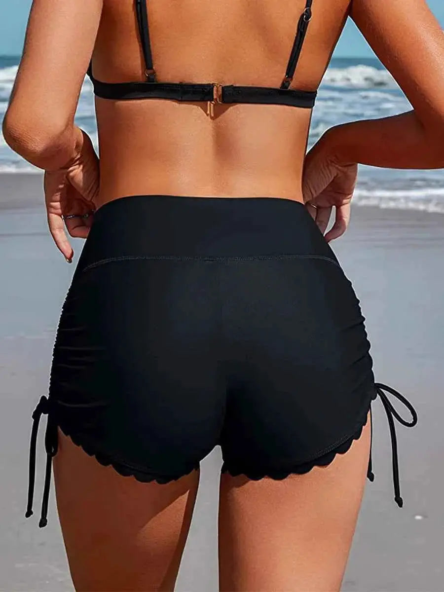 Women Swim Shorts High Waist Drawstring Wavy Hem Solid Beach Trunks For Surfing And Swimming