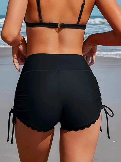 Women Swim Shorts High Waist Drawstring Wavy Hem Solid Beach Trunks For Surfing And Swimming