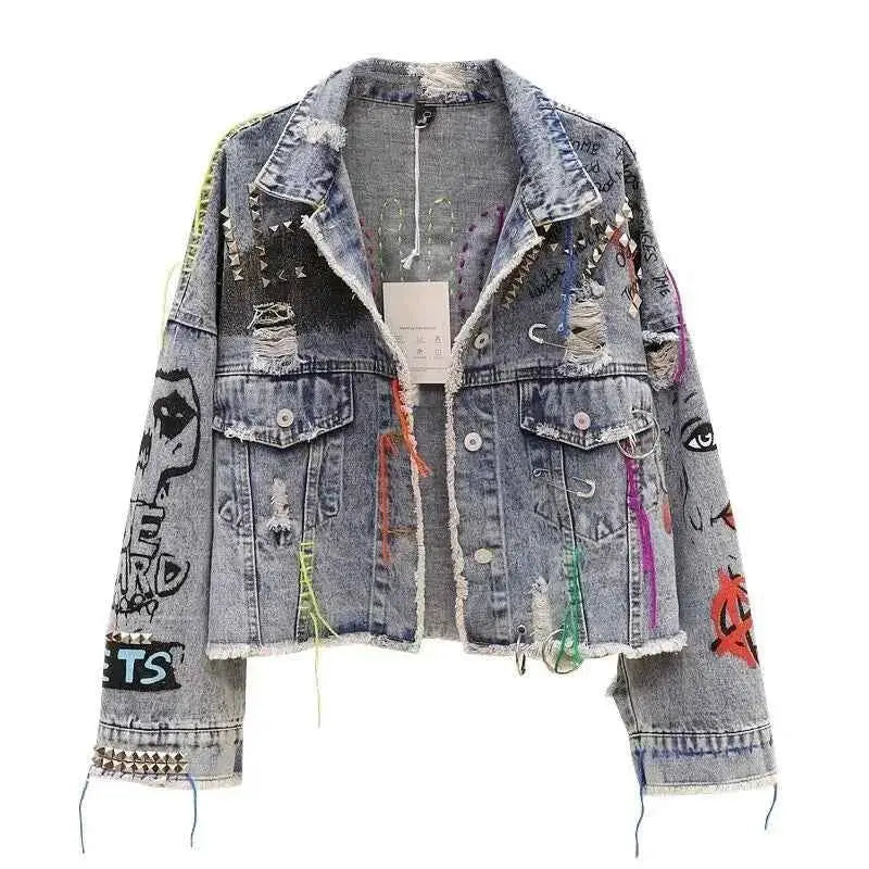 2026 Spring Autumn Women Graffiti Denim Jacket Frayed Raw Cut Rivet Fringe Jean Coat Outwear