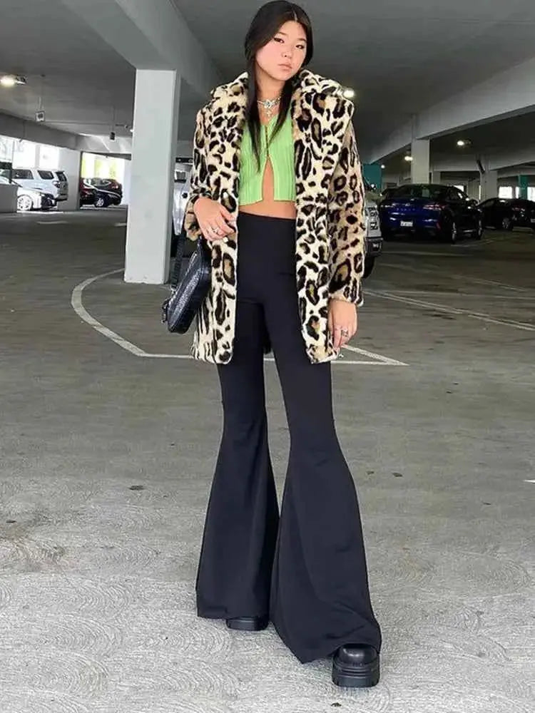 Solid Black High Waisted Slim Fitting Streetwear Flare Pants For Women Full Length Casual Trousers