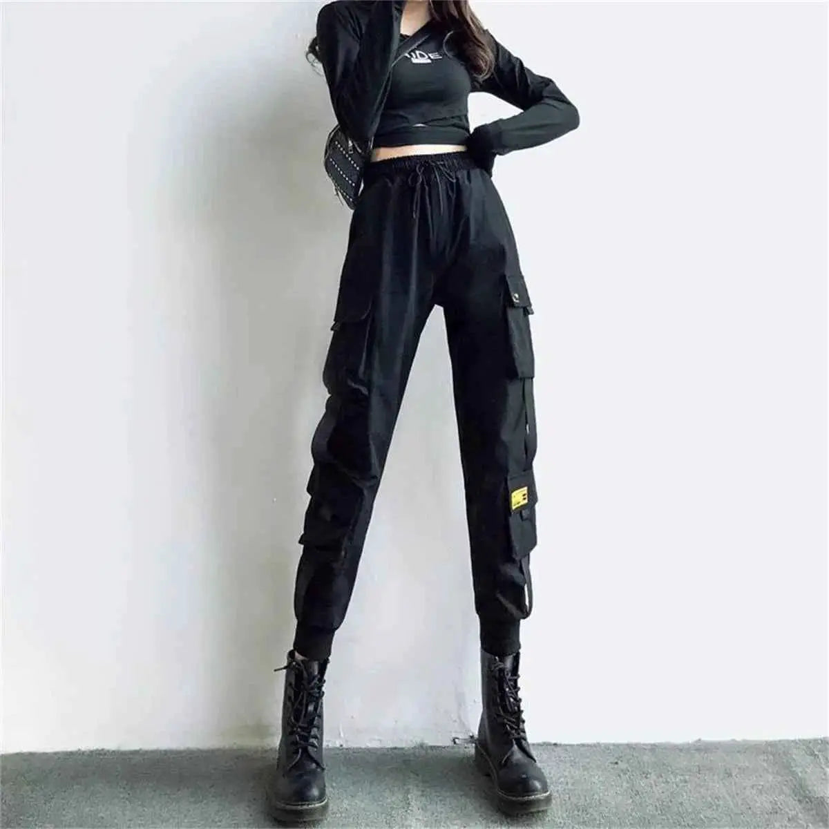 Black Cargo Pants Women High Waist Joggers Streetwear Trousers Hip Hop Korean Punk Casual Capris
