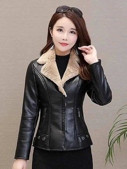 Aelegantmis Autumn Winter Warm Faux Fur Coat For Women Leather Jacket Slim Moto Biker Outerwear Plush Casual