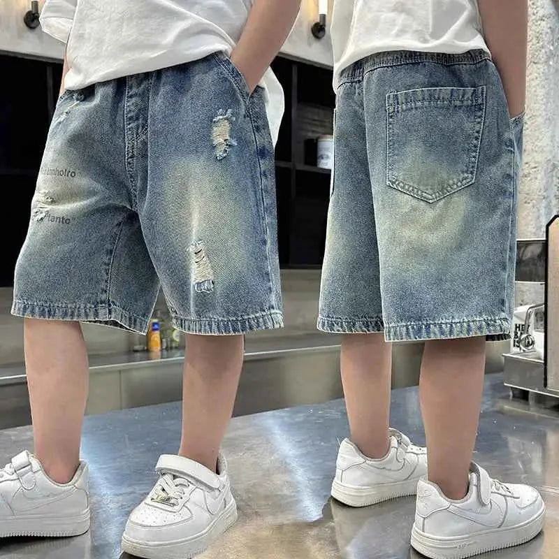 Boys Street Style Ripped Denim Shorts Vintage Wash Casual Summer Shorts With Holes Kids Cool Destroy Bottoms