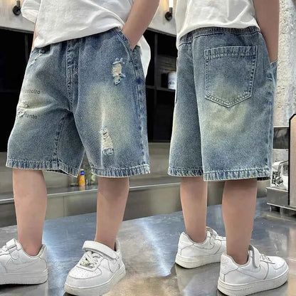 Boys Street Style Ripped Denim Shorts Vintage Wash Casual Summer Shorts With Holes Kids Cool Destroy Bottoms