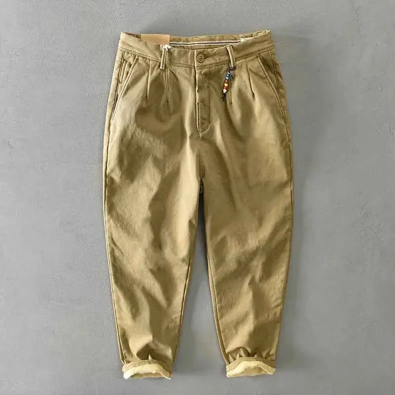 HIQOR Men Cargo Pants Winter 2026 Fleece Warm Khaki Casual Trousers Beading Design Business Pants
