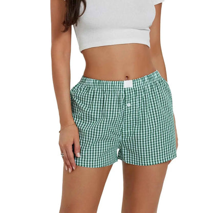 Breathable Women Plaid Lounge Boxer Shorts Elastic Waist Pajama Bottoms Sleepwear Y2K Casual Summer Gingham Shorts Beach