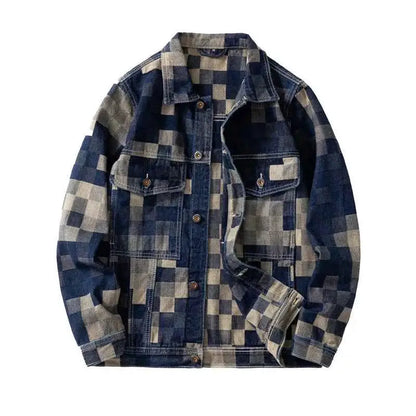 Vintage Loose Denim Jacket With Grid Pattern For Men Casual American Jean Coat Made For Everyday Wear
