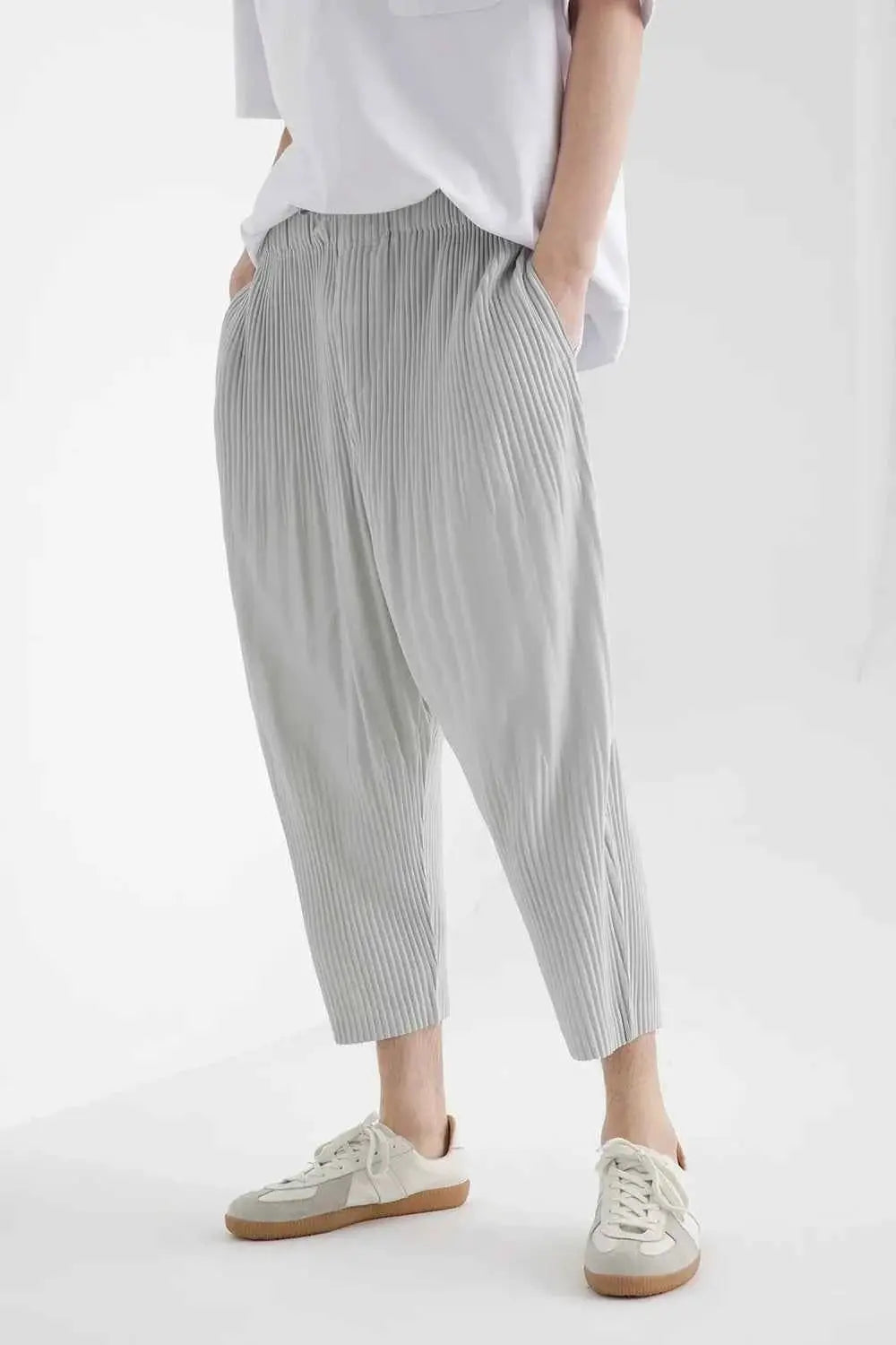 Miyake Pleated Harem Pants For Men Japanese Streetwear Baggy Breathable Low Crotch Trousers