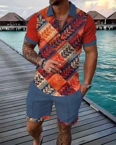 Mens Summer Tracksuit Set 3D Printed Casual Short Sleeve T Shirt With Lapel Zip Polo For Jogging
