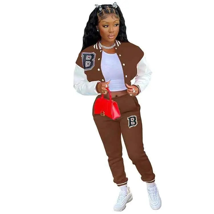 CM YAYA Letter B Baseball Womens Tracksuit Two Piece Jacket And Sweatpants Set Outfit