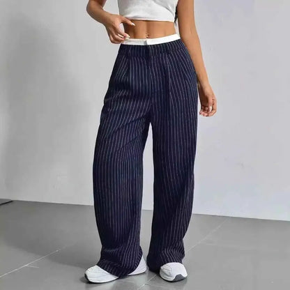 Women Striped Printed Full Length Pants High Waist Loose Wide Leg Trousers Casual Y2K Fashion